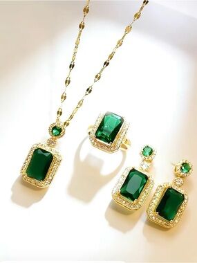 Boutique 9 Gold-Plated Necklace, Ring & Earrings with Emerald-Green Stones